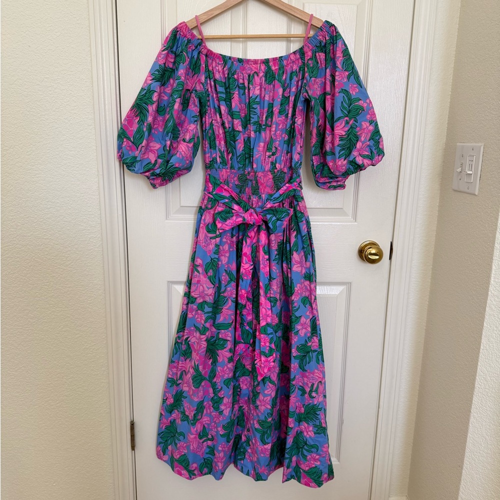 Lilly Pulitzer Pink & Green Floral Off-Shoulder Midi Dress - Picture 8 of 14